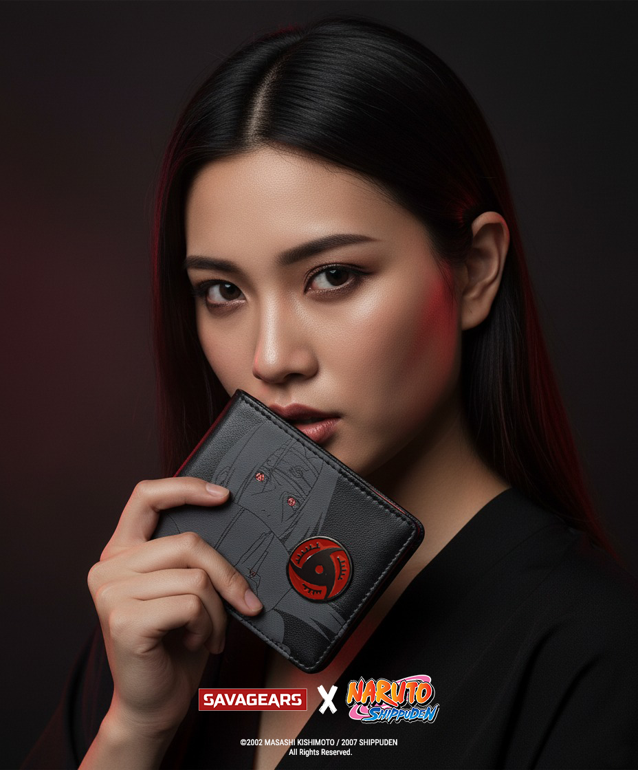 SAVAGEARS X NARUTO SHIPPUDEN - Collaboration Announcement | SAVAGEARS® Official Online Store Japanese female model posing with the SAVAGEARS × Naruto Shippuden Itachi Uchiha wallet, highlighting premium leather material and red Mangekyou Sharingan badge, photographed in studio.