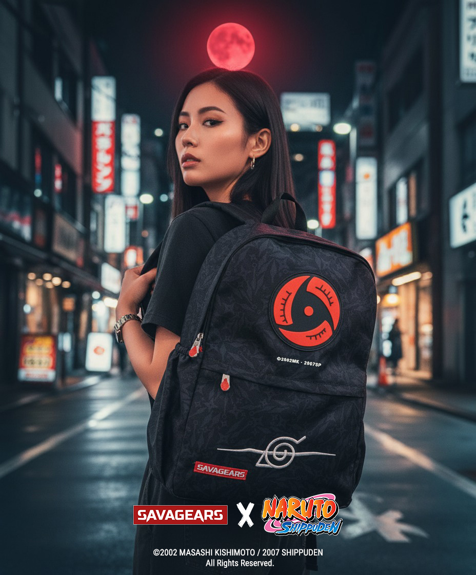 SAVAGEARS X NARUTO SHIPPUDEN - Collaboration Announcement | SAVAGEARS® Official Online Store Japanese female model wearing the official SAVAGEARS X NARUTO SHIPPUDEN Itachi Uchiha backpack with Sharingan design, photographed in an urban night setting with Akatsuki neon lights.